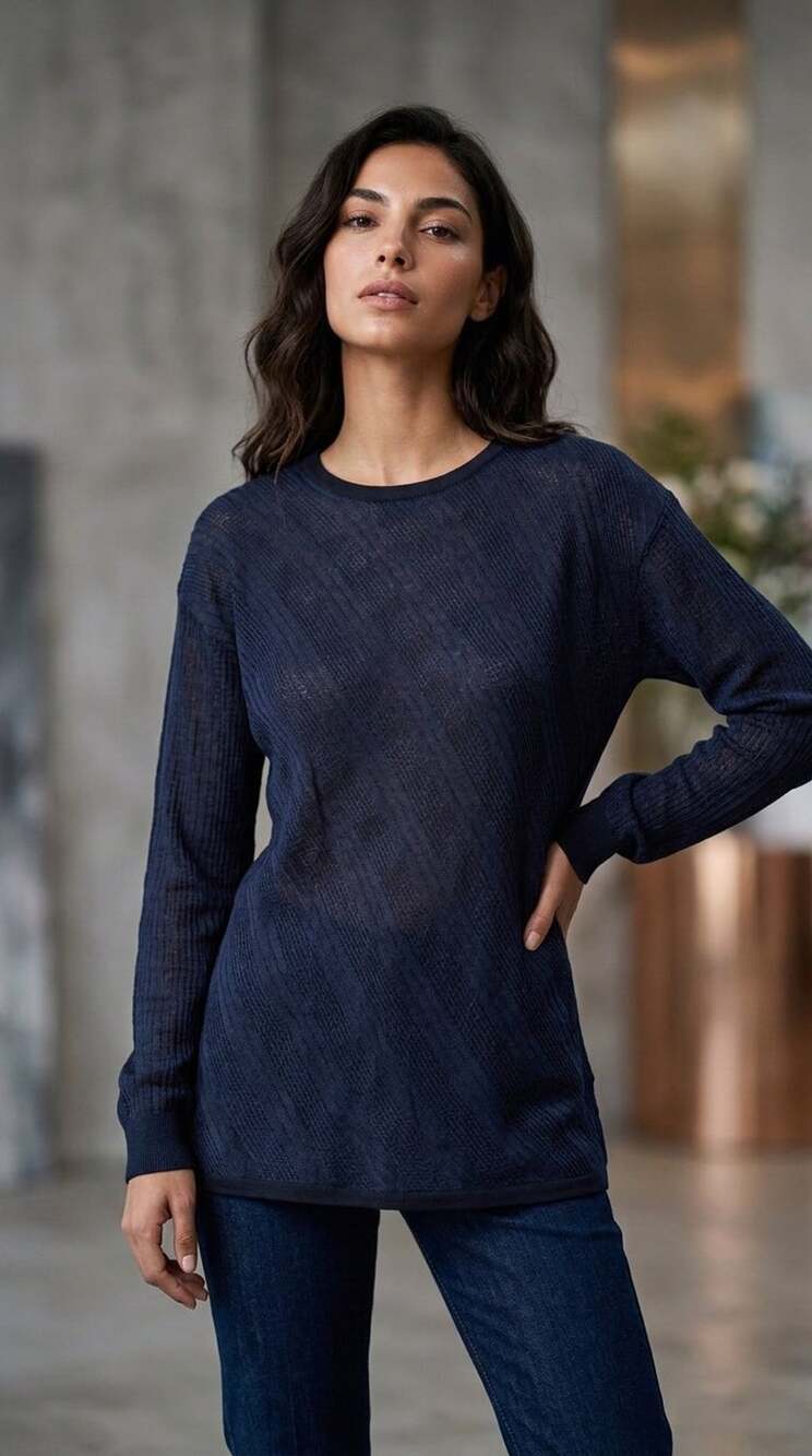 DKNY Vintage 100% Cotton Navy Blue Geometric Textured Knit Crew Neck Sweater Siz